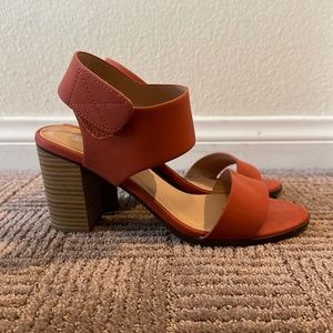 Orange block heel sandals, Soda brand, barely worn